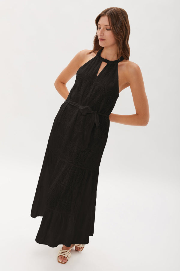 HATHAWAY EMBROIDERED HALTER MAXI DRESS - BLK