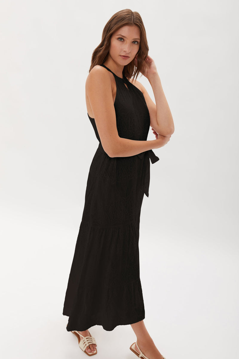 HATHAWAY EMBROIDERED HALTER MAXI DRESS - BLK