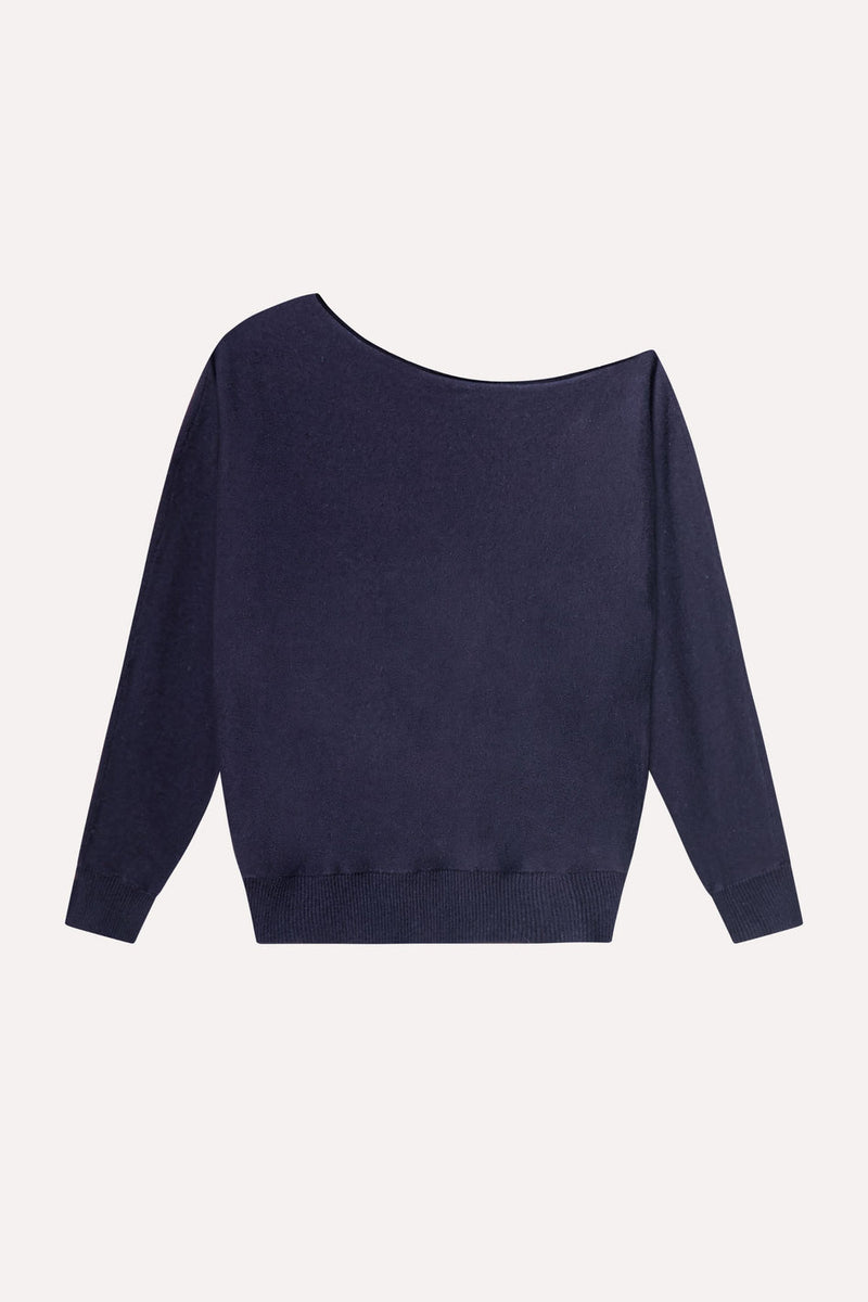COTTON CASHMERE OFF THE SHOULDER TOP - NAVY