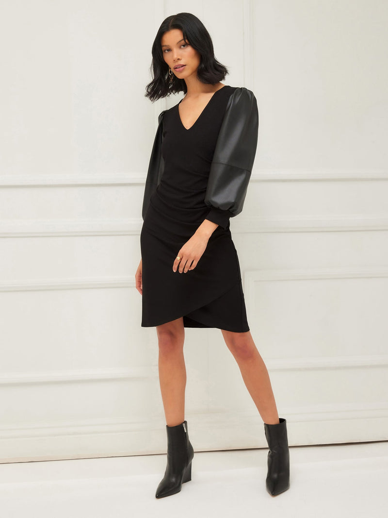 CONTRAST SHIRRED DRESS - BLK