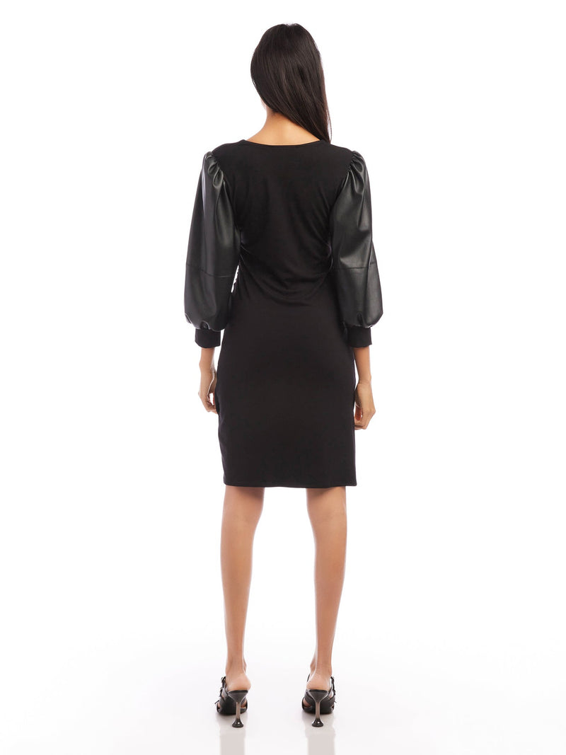 CONTRAST SHIRRED DRESS - BLK