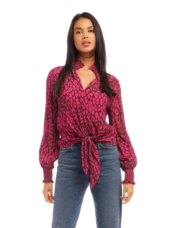 SMOCKED TIE FRONT TOP - LEOPARD