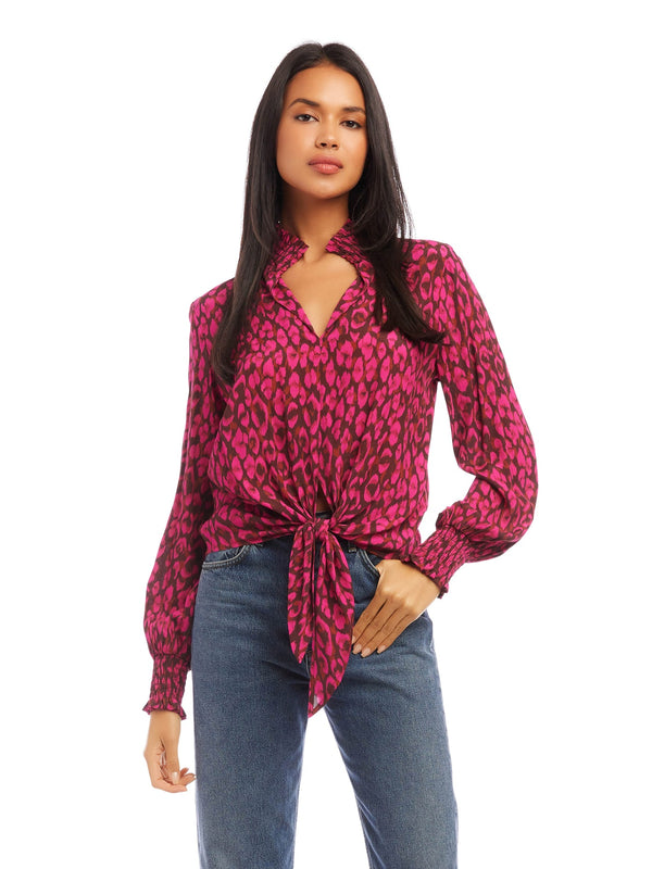 SMOCKED TIE FRONT TOP - LEOPARD