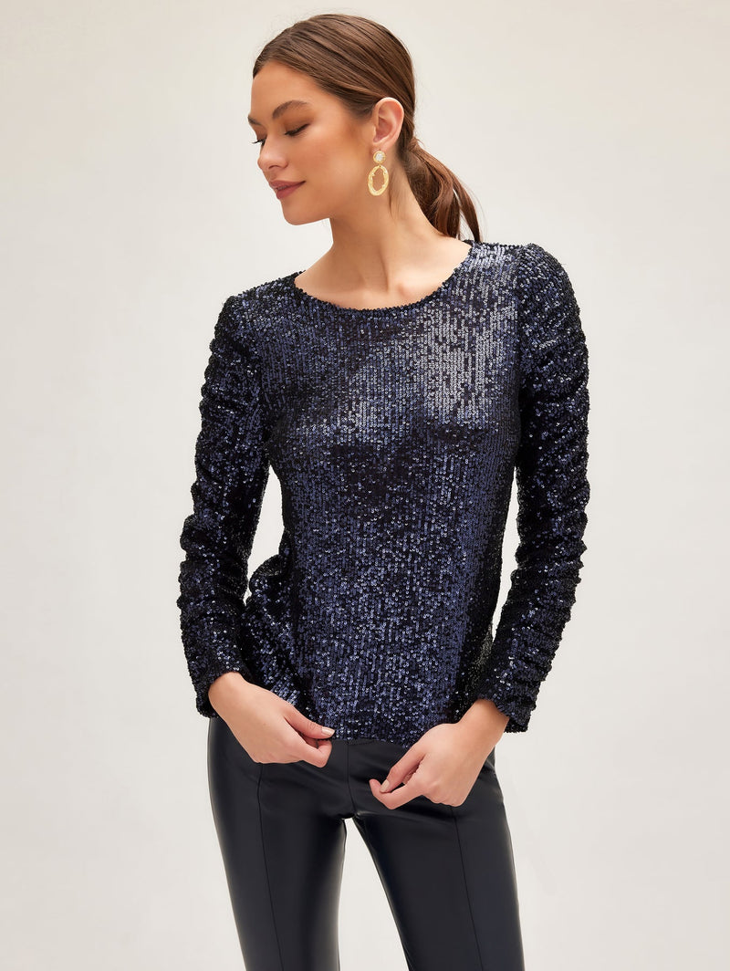 SEQUIN SHIRRED SLEEVE TOP