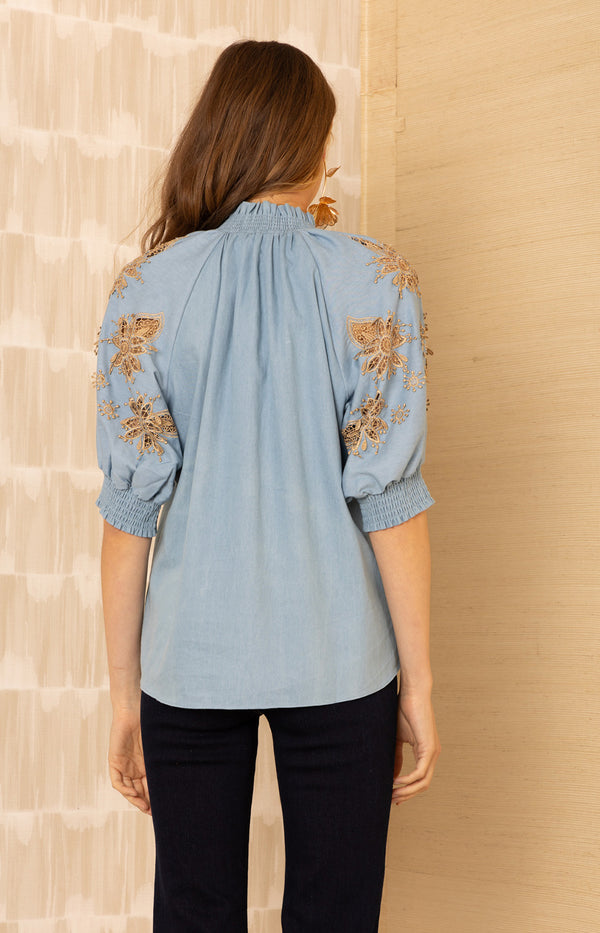 MADISYN CHAMBRAY PUFF SLEEVE TOP