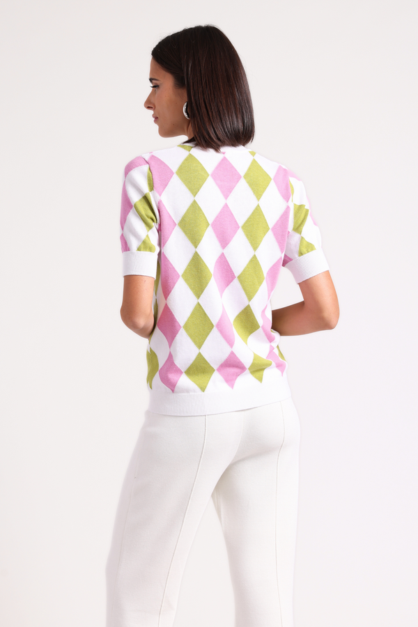COTTON CASHMERE ARGYLE CREW - RASP