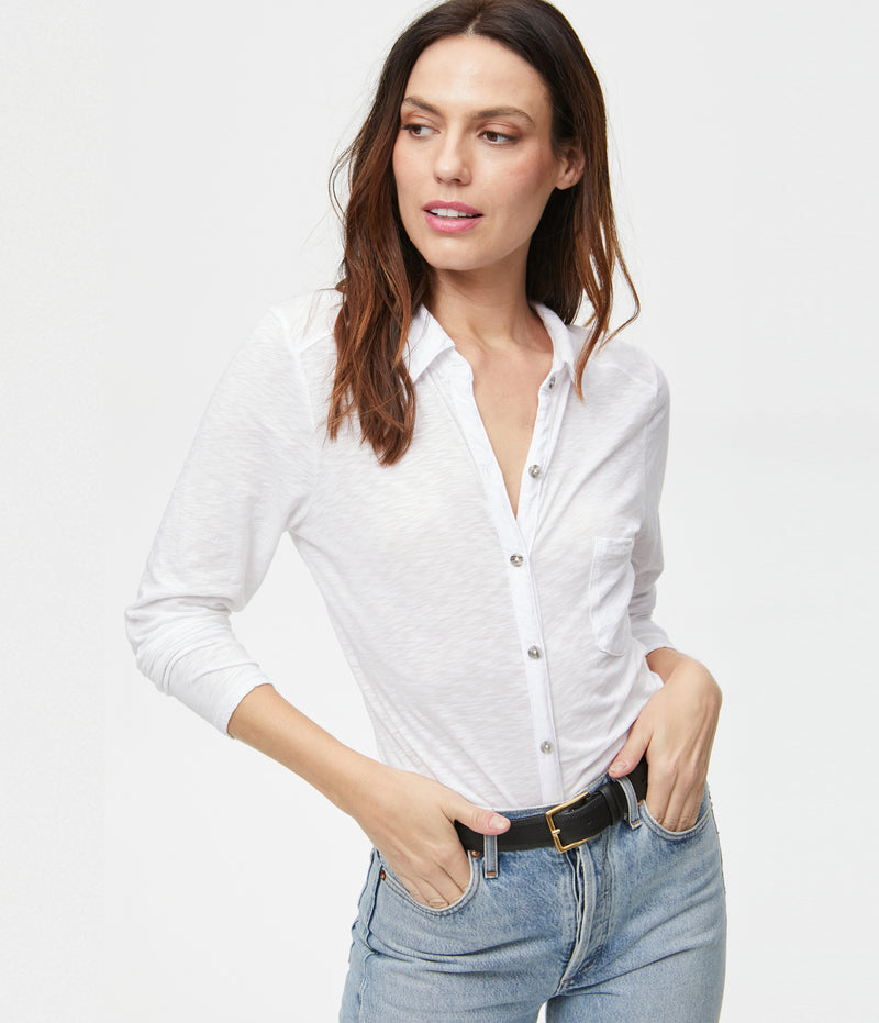 AYLA BUTTON DOWN KNIT SHIRT - WHITE