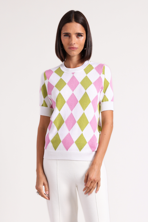 COTTON CASHMERE ARGYLE CREW - RASP