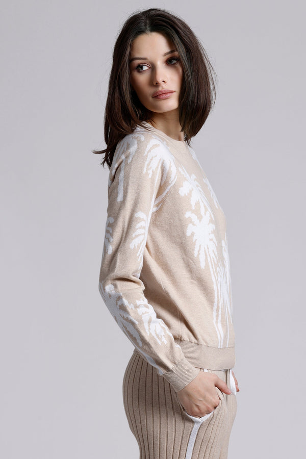 COTTON CASHMERE PALM TREE REVERSIBLE L/S CREW