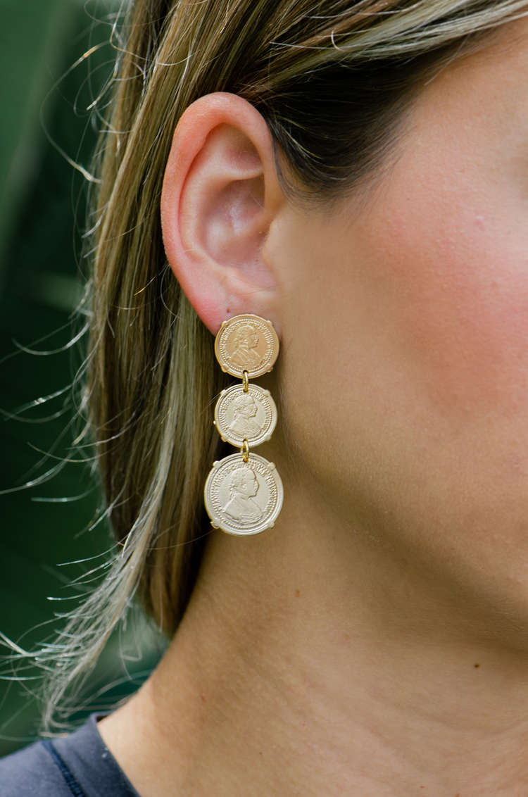 KINDRA EARRINGS W/THREE VINTAGE GOLD COINS
