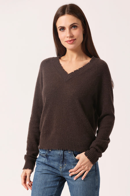 CASHMERE FRAYED V-NECK - BRZ NT