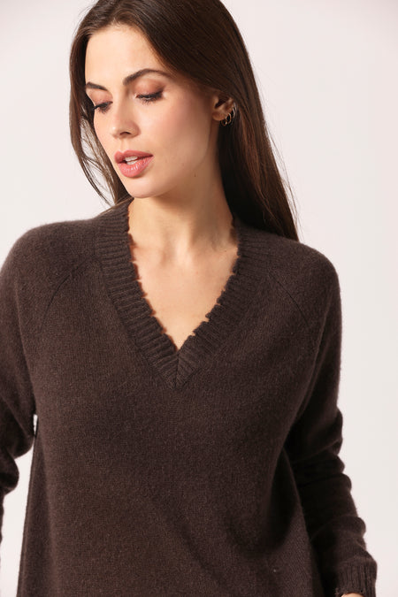 CASHMERE FRAYED V-NECK - BRZ NT