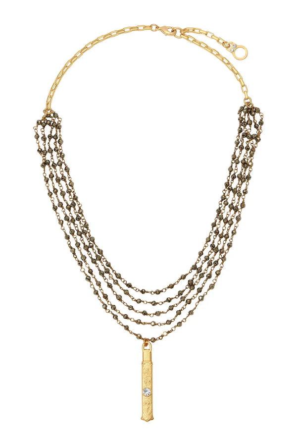 5 STRAND MICRO PYRITE NECKLACE W/24K GOLD PLATED PENDANT