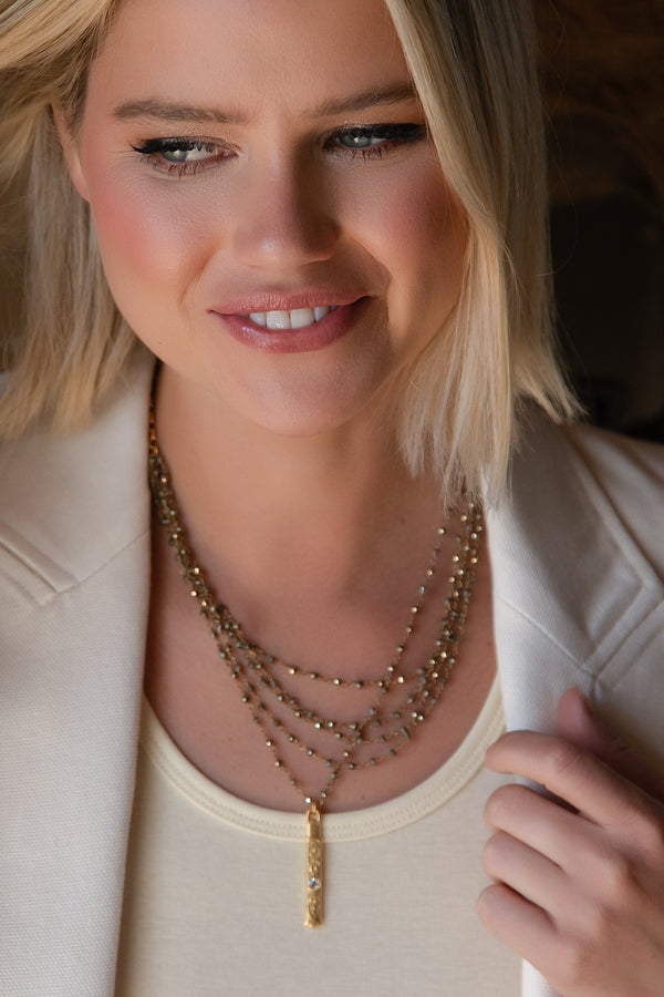 5 STRAND MICRO PYRITE NECKLACE W/24K GOLD PLATED PENDANT