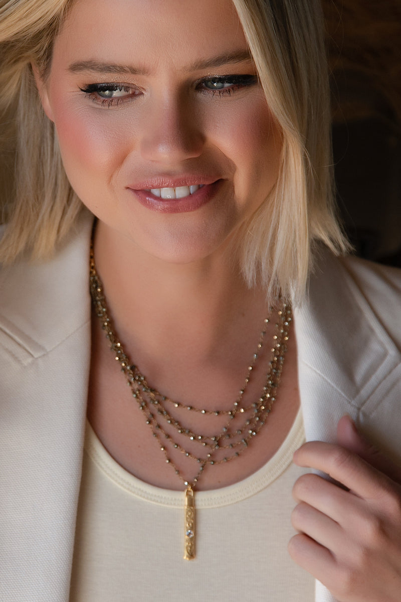 5 STRAND MICRO PYRITE NECKLACE W/24K GOLD PLATED PENDANT