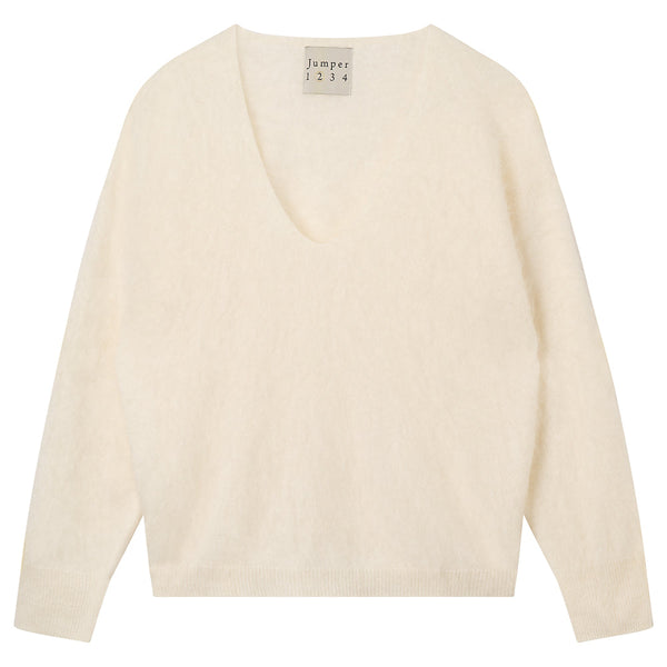 BRUSHED CASHMERE BOXY V-NECK - ECRU