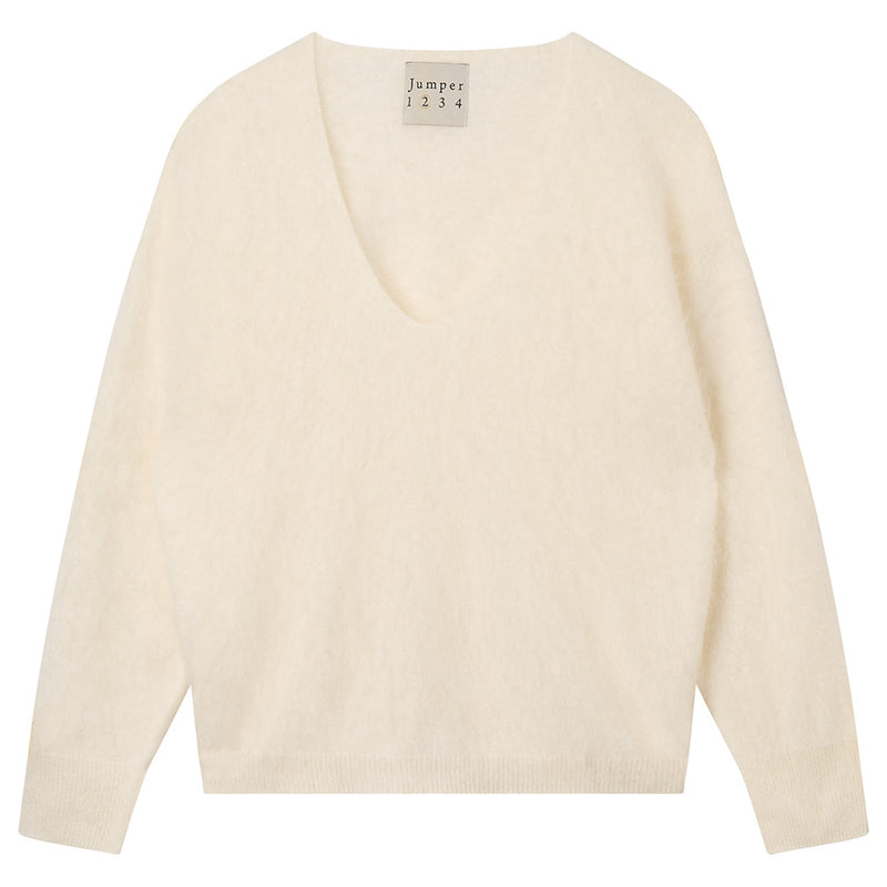 BRUSHED CASHMERE BOXY V-NECK - ECRU