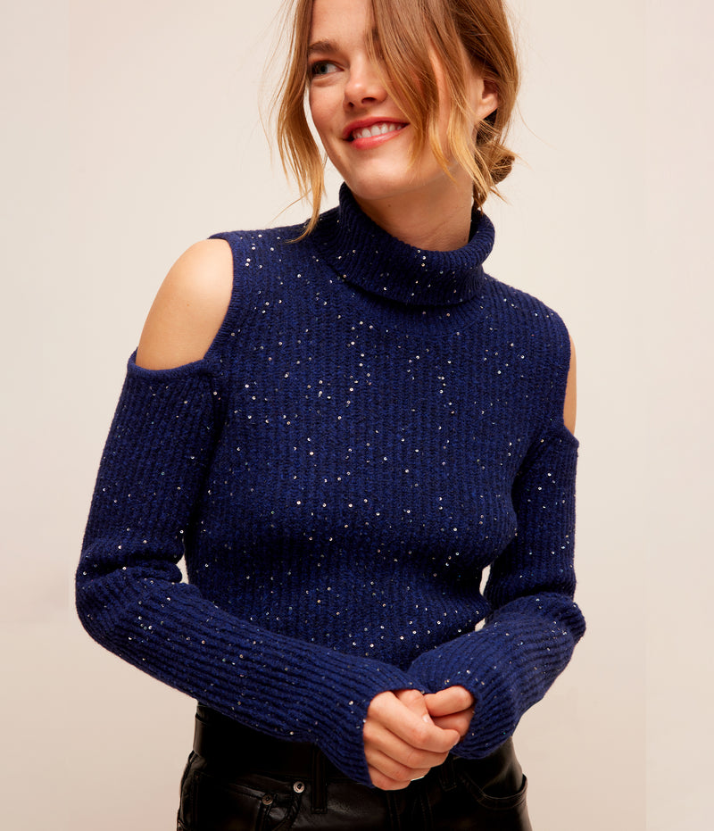 ELISABETH COLD SHOULDER SEQUIN SWEATER