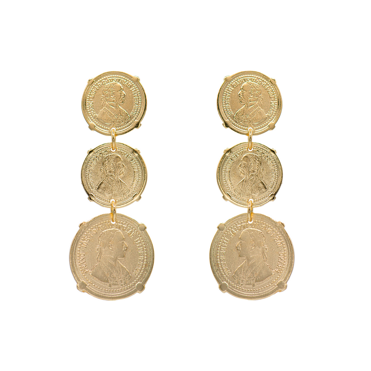 KINDRA EARRINGS W/THREE VINTAGE GOLD COINS