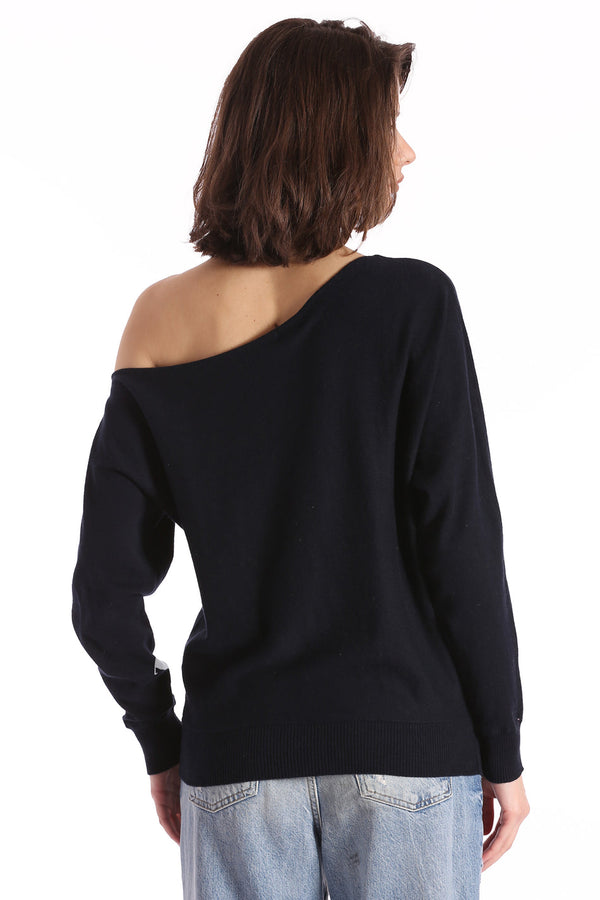 COTTON CASHMERE OFF THE SHOULDER TOP - NAVY