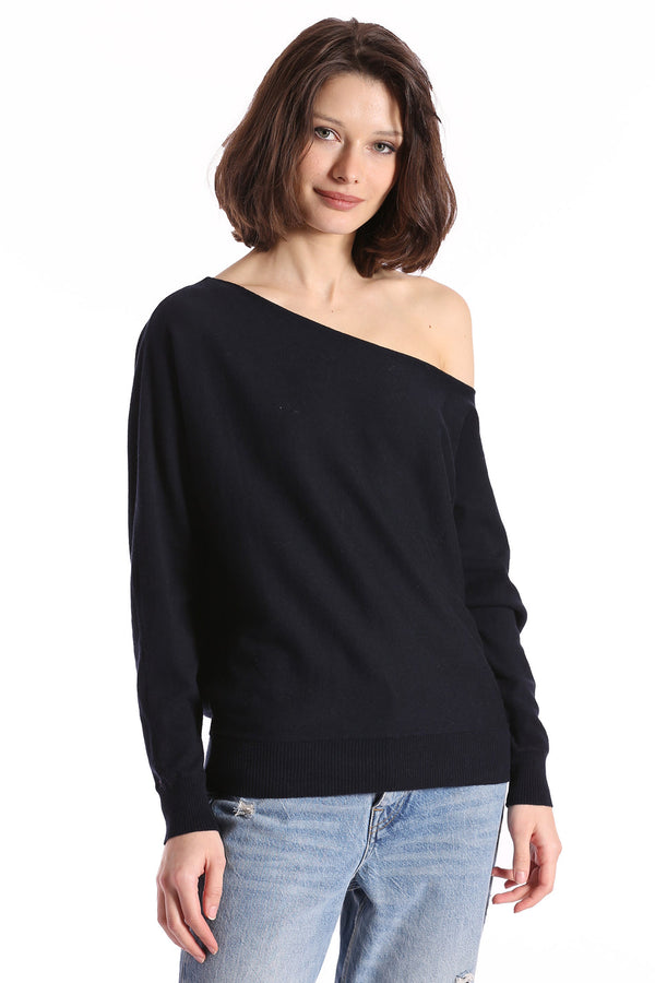COTTON CASHMERE OFF THE SHOULDER TOP - NAVY