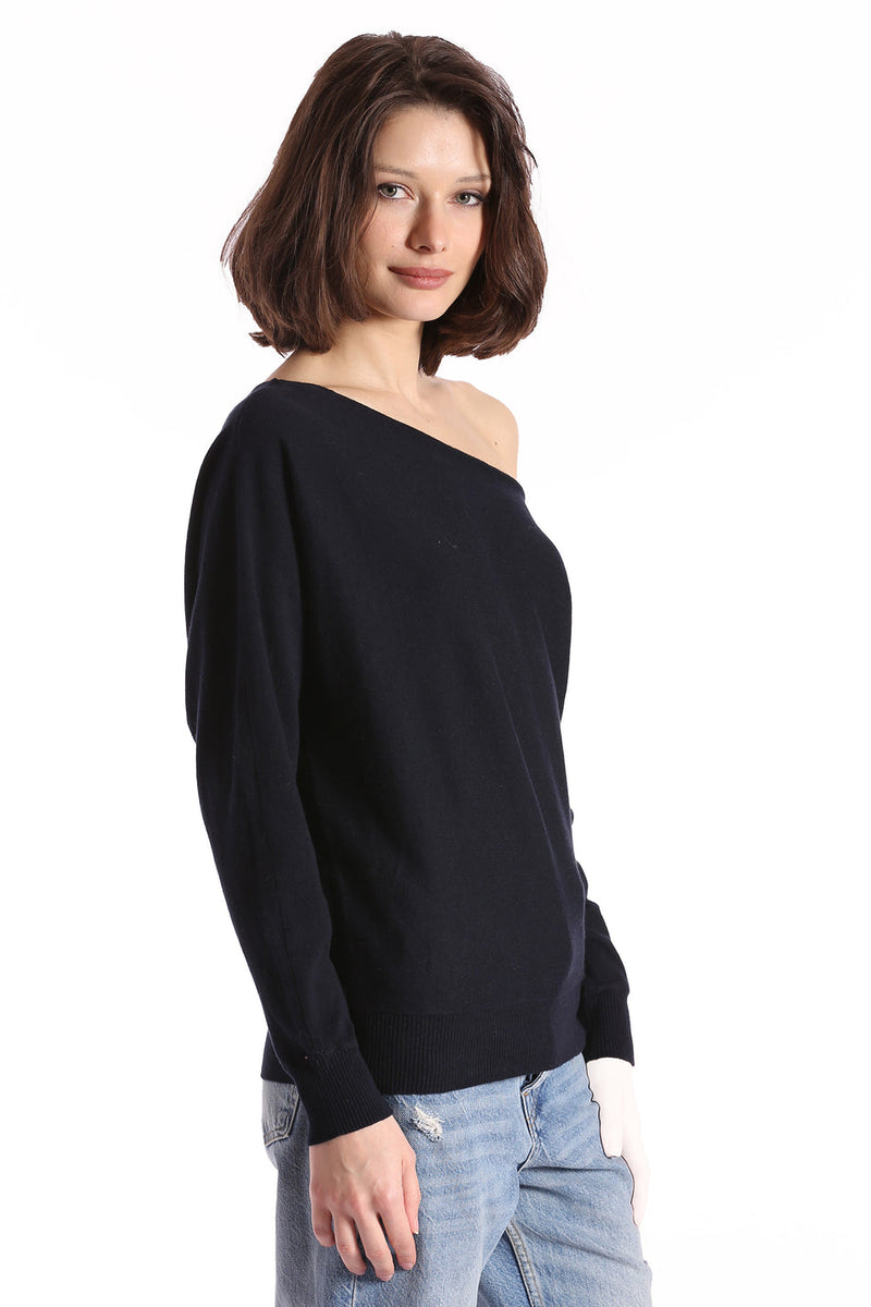COTTON CASHMERE OFF THE SHOULDER TOP - NAVY