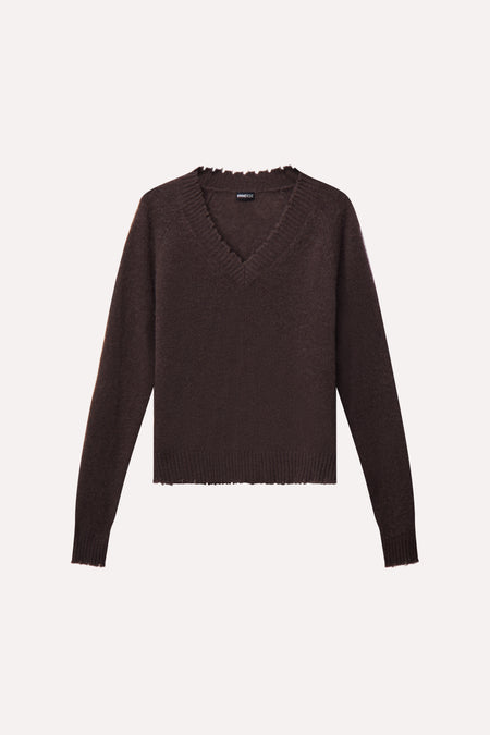 CASHMERE FRAYED V-NECK - BRZ NT