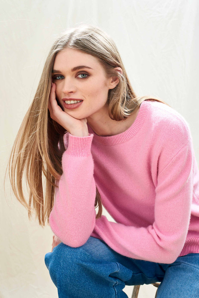 CONTRAST LUREX RIB CREW - ROSEBUD