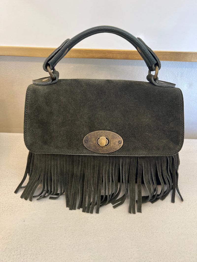 SUEDE FRINGE SATCHEL BAG - OLIVE