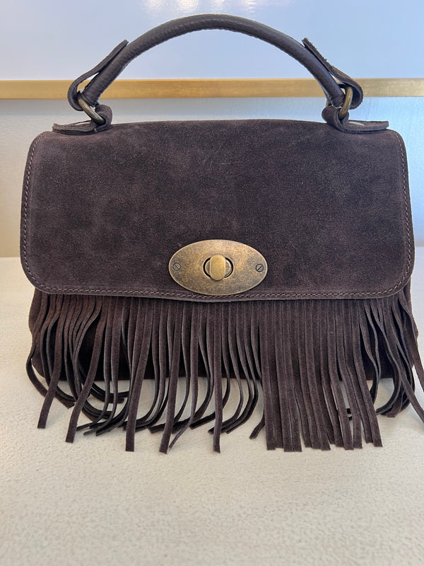 SUEDE FRINGE SATCHEL BAG - CHOCOLATE