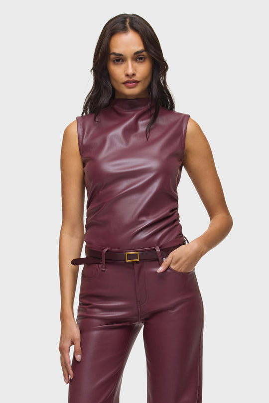 RUCHED VEGAN LEATHER TOP - PORT ROYAL