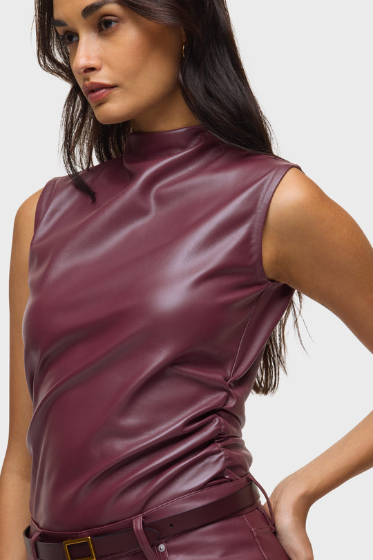RUCHED VEGAN LEATHER TOP - PORT ROYAL