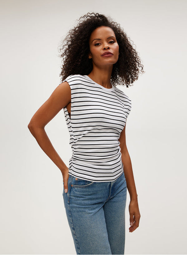 JONI CREWNECK POWER SHOULDER TOP - WHT/BLK