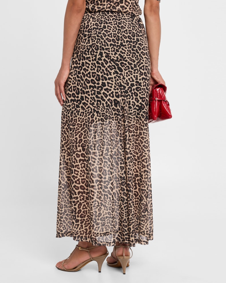 LEOPARD MESH GORED MAXI SKIRT