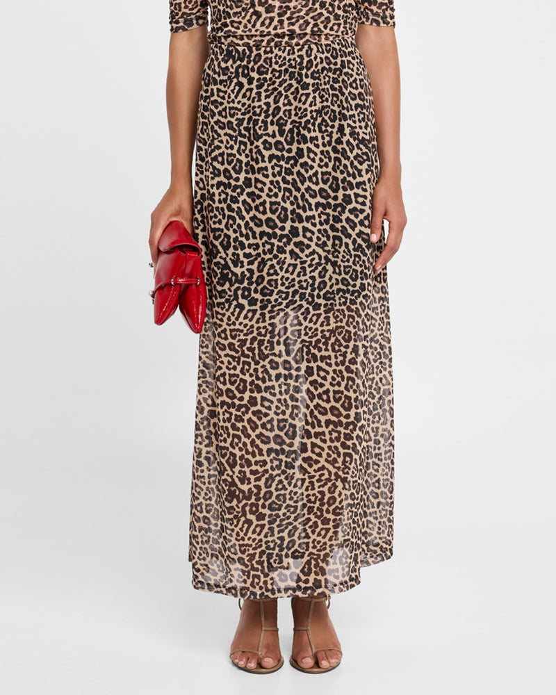 LEOPARD MESH GORED MAXI SKIRT