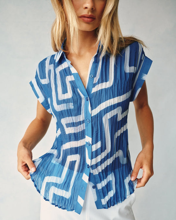 PLEATED ROLL SLEEVE BUTTON DOWN - COASTAL LINE PRINT
