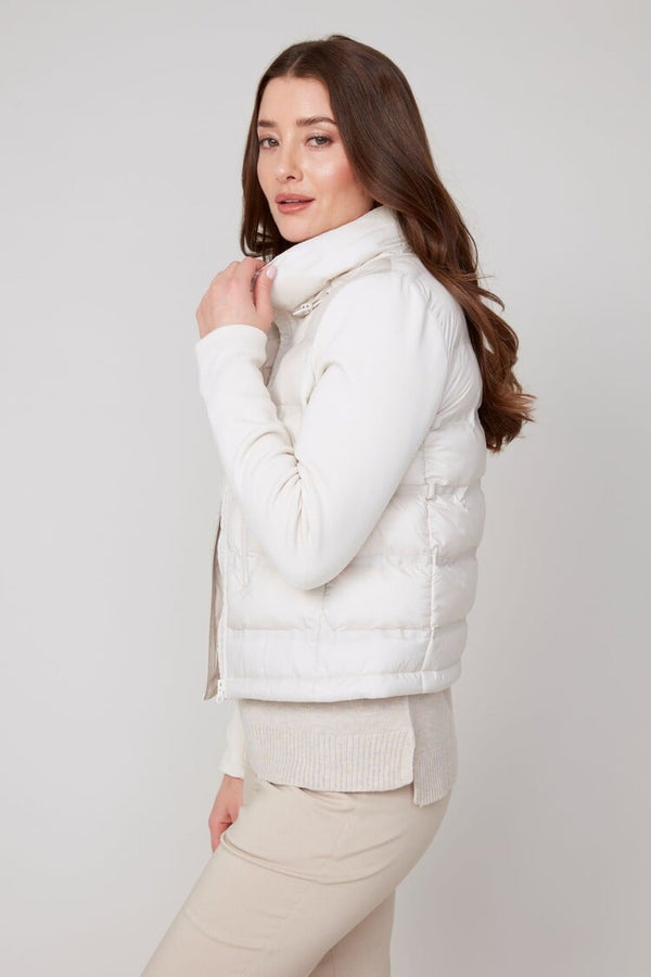 PUFFER JACKET W/KNIT SLEEVE - OYSTER