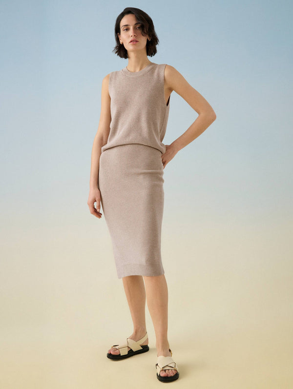 COTTON SILK RIBBED PENCIL SKIRT - LATTE