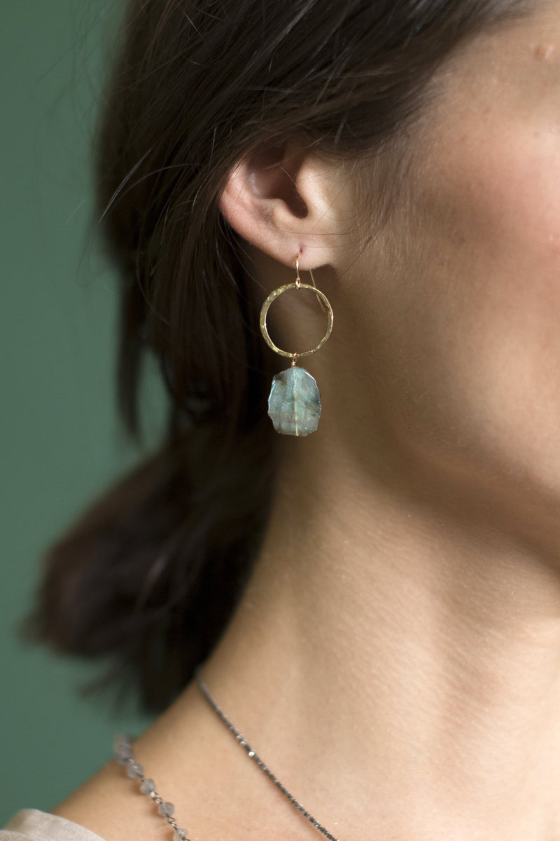 HAMMERED HOOP LABRADORITE EARRINGS