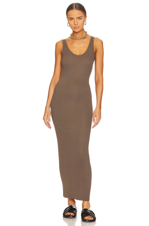 STRETCH SILK KNIT MAXI TANK DRESS - MUSHROOM