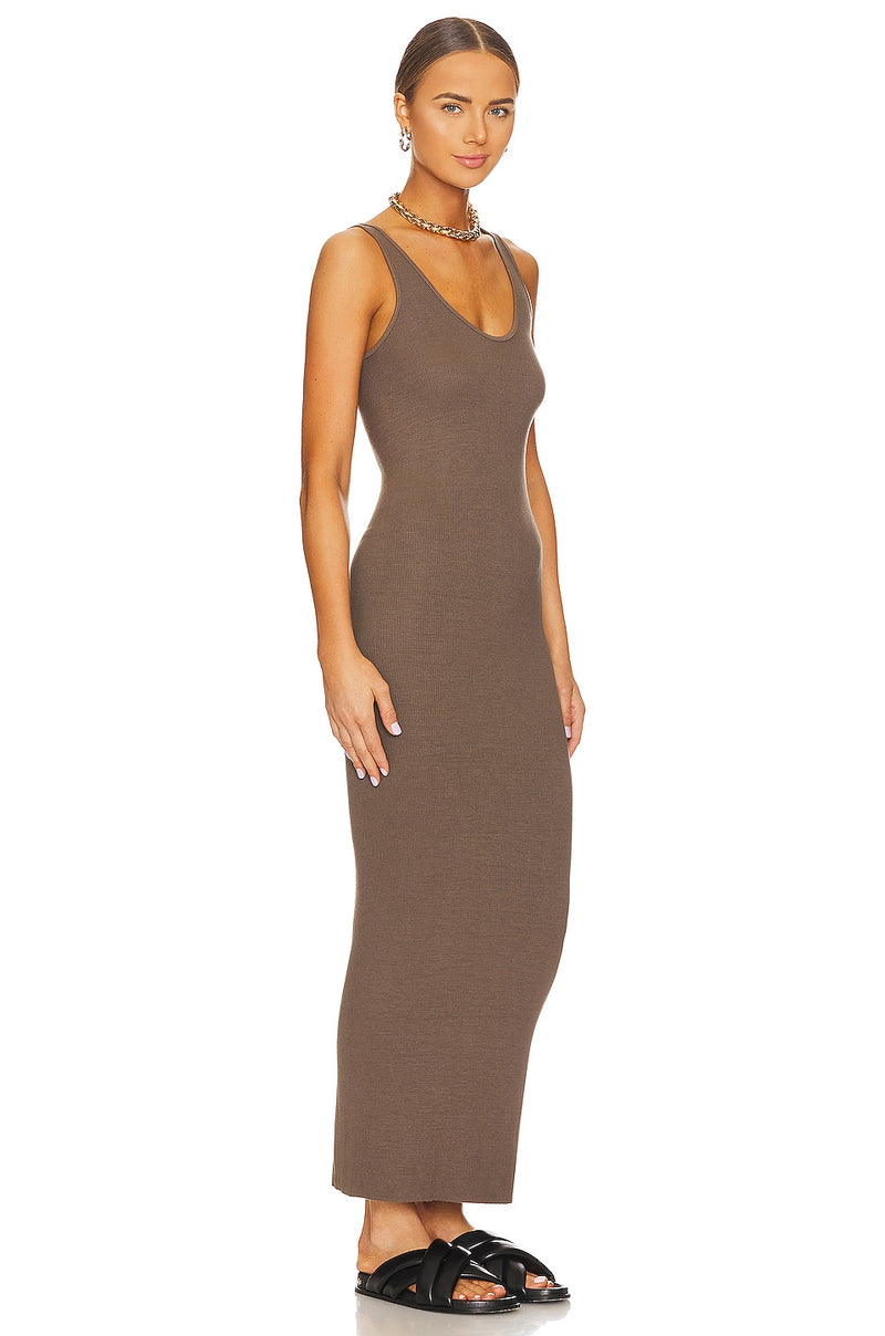 STRETCH SILK KNIT MAXI TANK DRESS - MUSHROOM