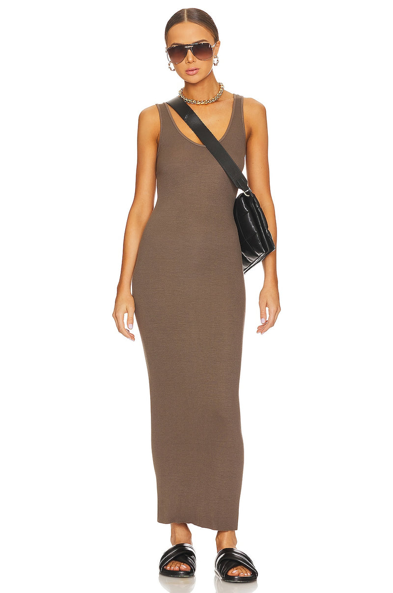 STRETCH SILK KNIT MAXI TANK DRESS - MUSHROOM
