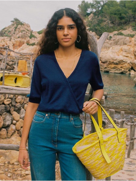 LINEN COTTON BLEND WRAP TOP - NAVY